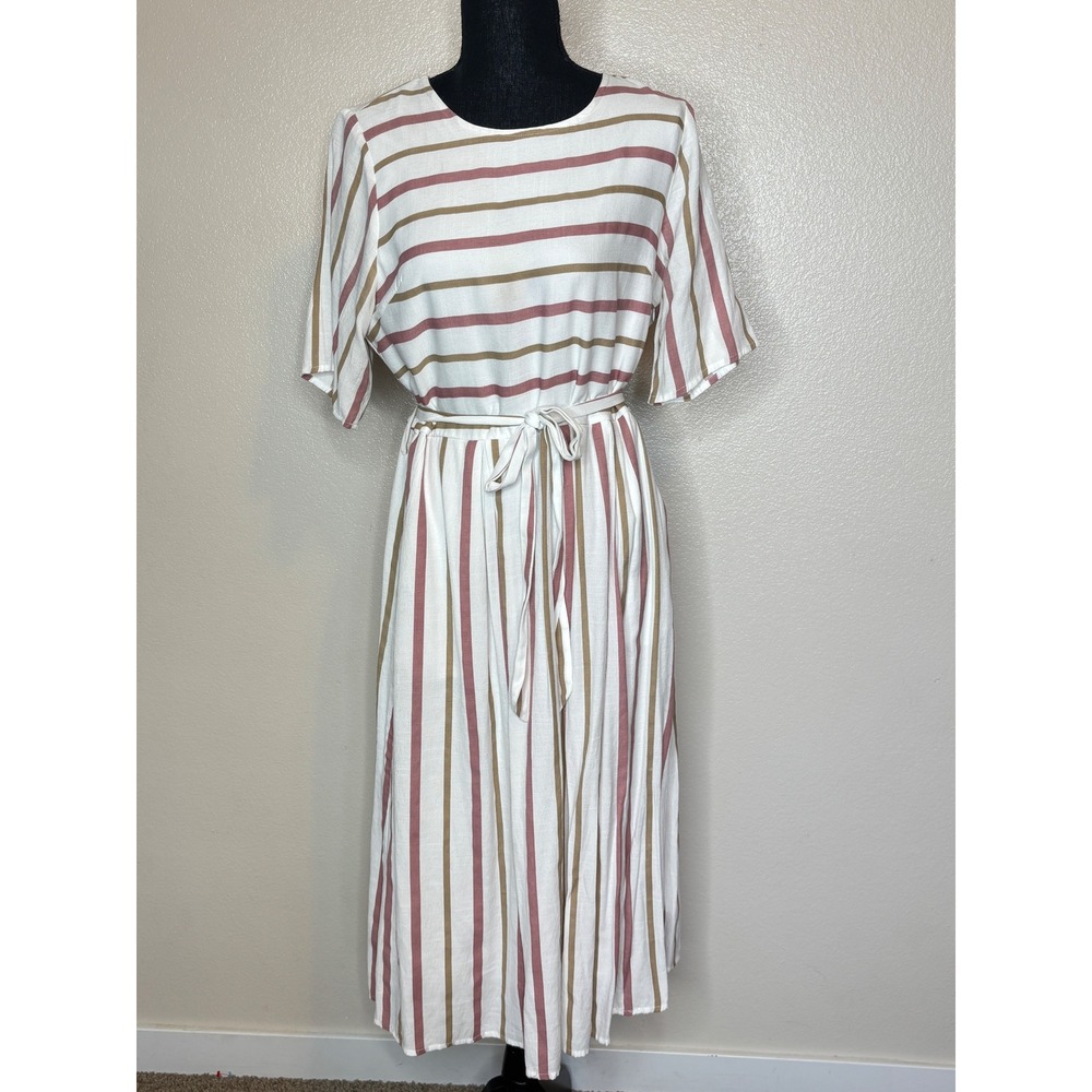 Polagram Women Mauve Tan Striped Midi Dress Tie Waist Pockets Size L PSD2598